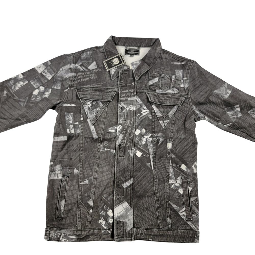 The Hideout Clothing The Coup Jacket Mens Lg Black White Denim Print NWT Limited